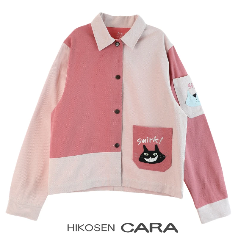 HIKOSEN CARA卡拉猫黑猫咪撞色长袖衬衫日本潮牌原创设计女上衣