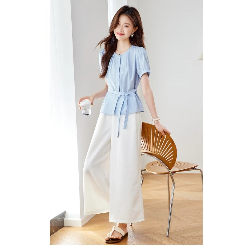 气质收腰显瘦衬衫时尚套装女2025夏新款宽松大码休闲阔腿裤两件套