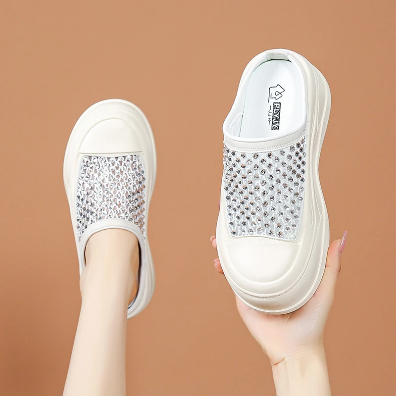 小个子厚底增高水钻镂空软底小白鞋2025夏季新款懒人一脚蹬半拖鞋