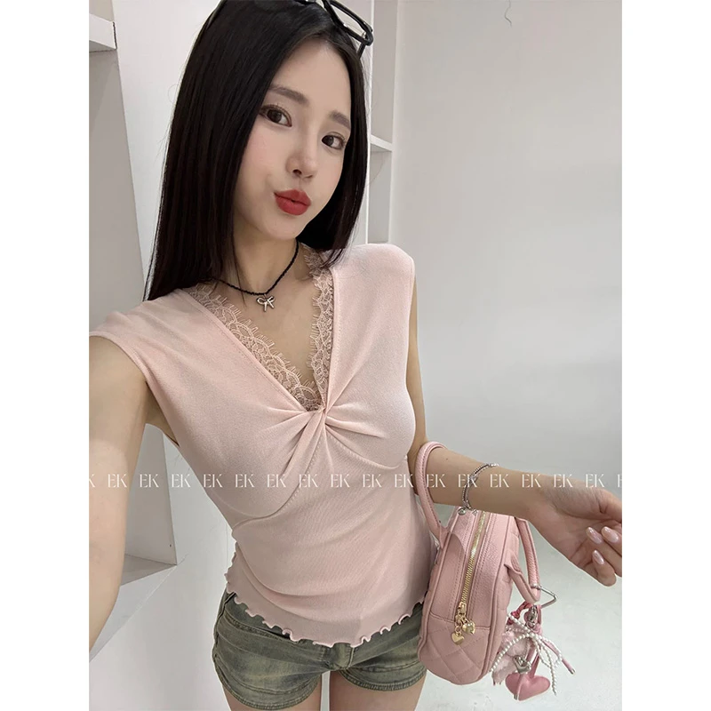 EK2025夏新款法式纯欲风蕾丝边扭结V领短袖T恤女修身显瘦上衣109