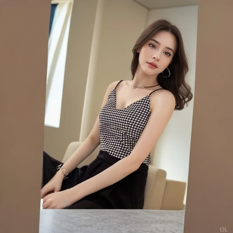 千鸟格2025小香风夏季气质带胸垫修身显瘦吊带背心女内搭洋气新款