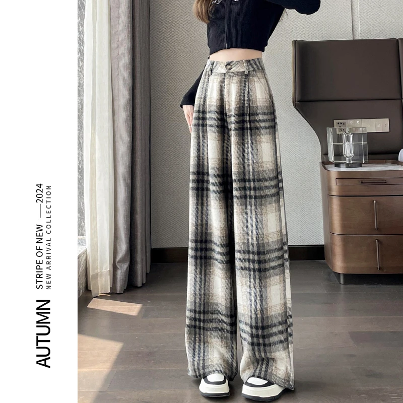绵羊毛格子阔腿裤女秋冬加厚新款高级感毛呢显瘦休闲窄版直筒裤子