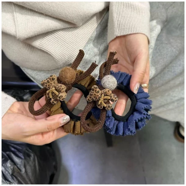 豹纹小熊毛球大肠发圈女高级感低马尾皮筋头花盘发丸子头绳发绳秋