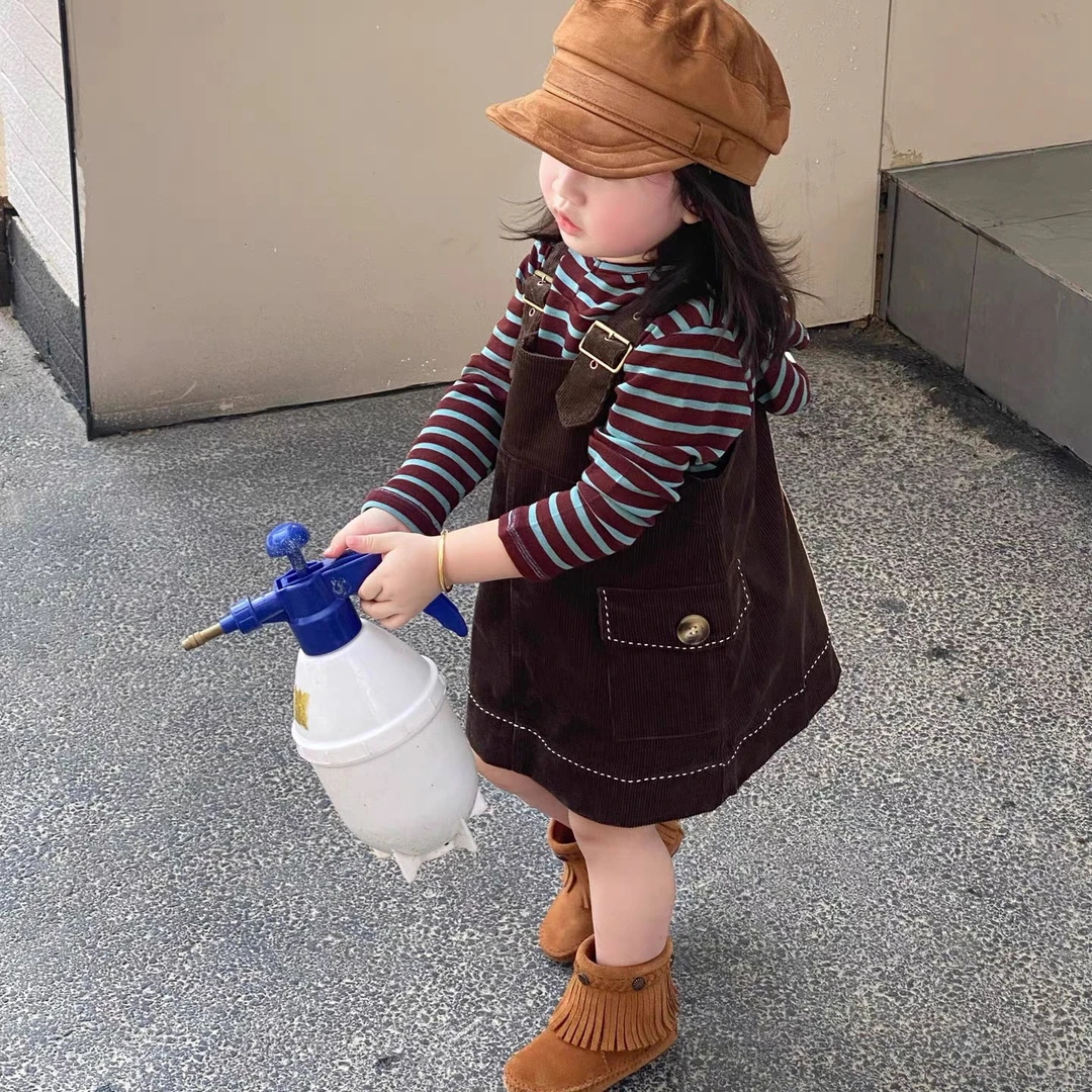 女童韩版背带裙套装2025春秋季新款儿童宝宝洋气时髦连帽条纹长袖