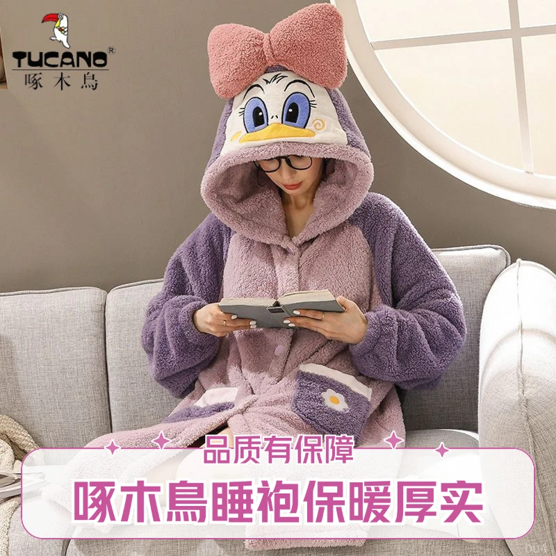 啄木鸟唐老鸭睡袍珊瑚绒睡衣女秋冬季加绒加厚长款睡袍睡裙家居服