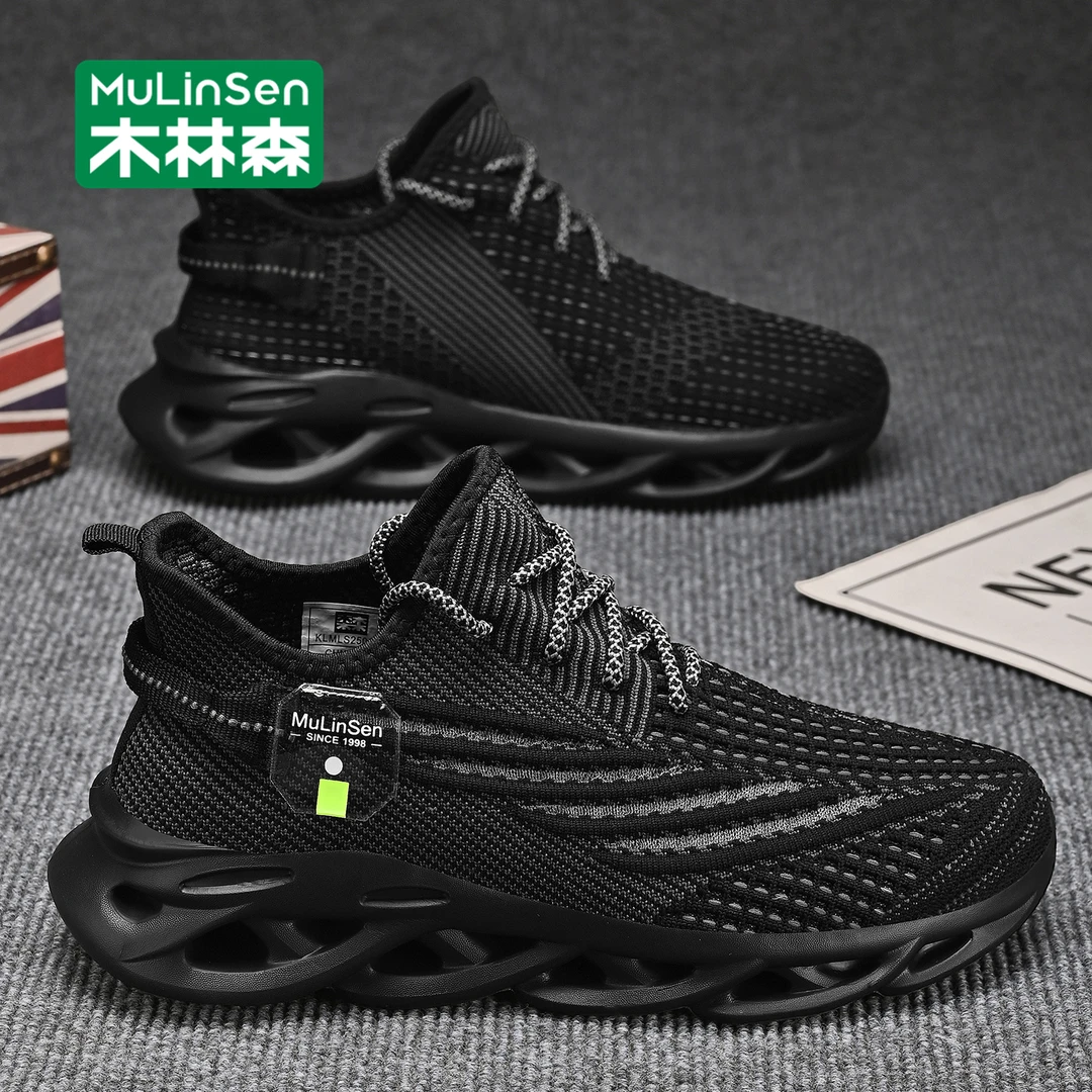 木林森男鞋网面运动鞋秋季透气轻便软底飞织鞋2025新款减震跑步鞋