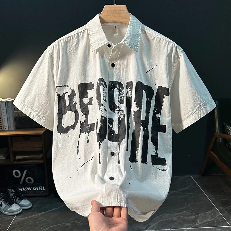 梦泡官方时尚英文印花短袖衬衫男夏季潮流百搭帅气休闲男装衬衣服