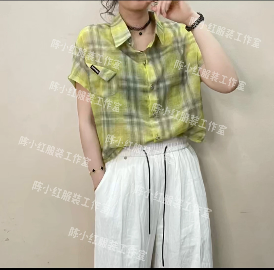 格子宽松型条纹短袖夏季格纹衬衫夏款女装宽松衬衣