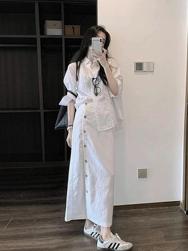 老钱风亚麻衬衫套装女夏季出游穿搭独特漂亮防晒衬衣半身裙两件套