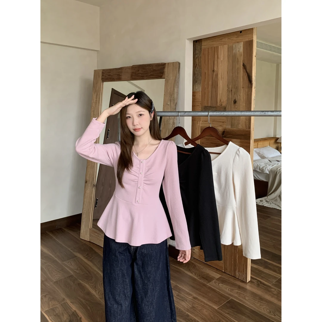 大码女装2025秋新款胖mm荷叶边长袖T恤收腰显瘦百搭上衣8282