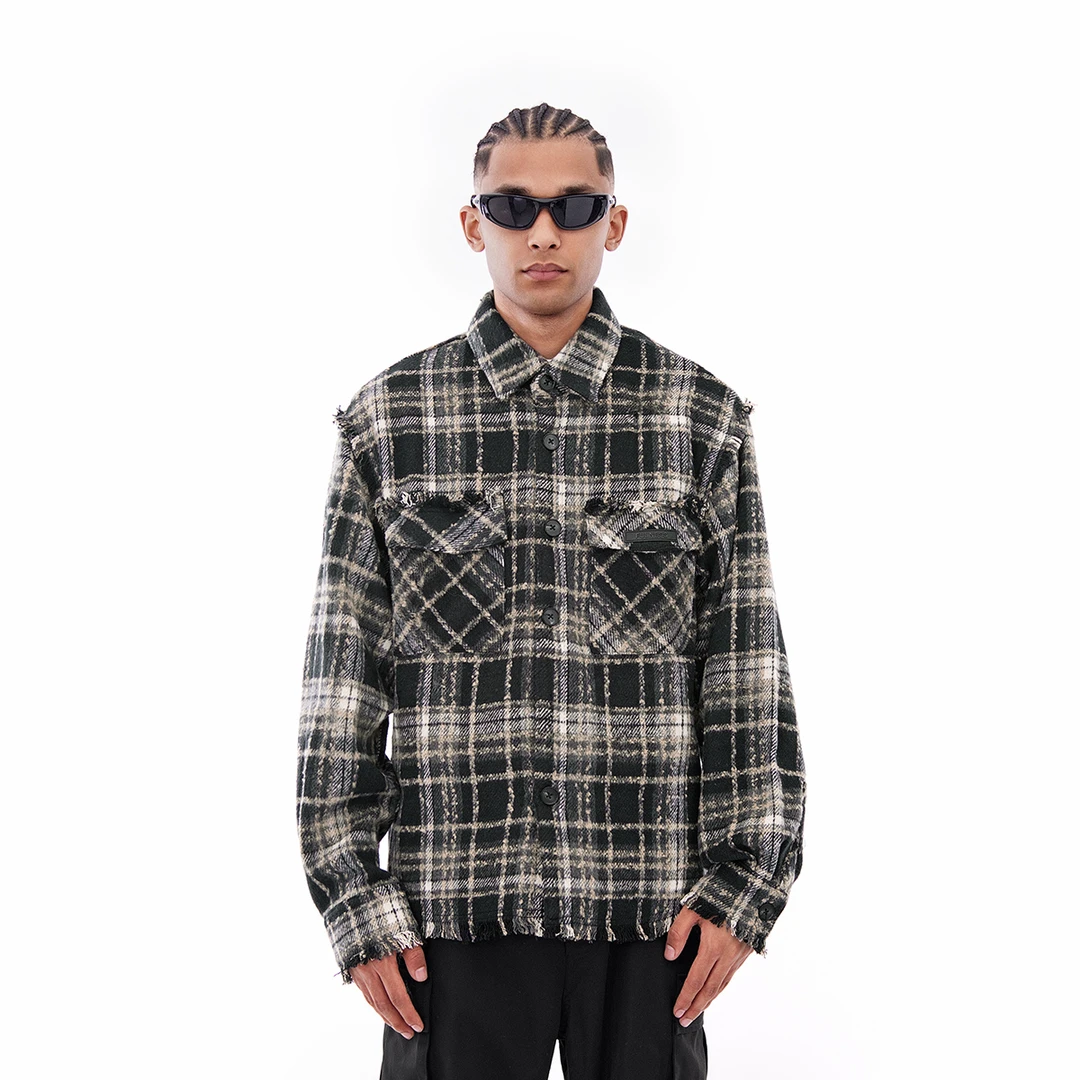 美式国潮做旧毛边胶标衬衫女2025春季新款下摆破坏设计情侣外套