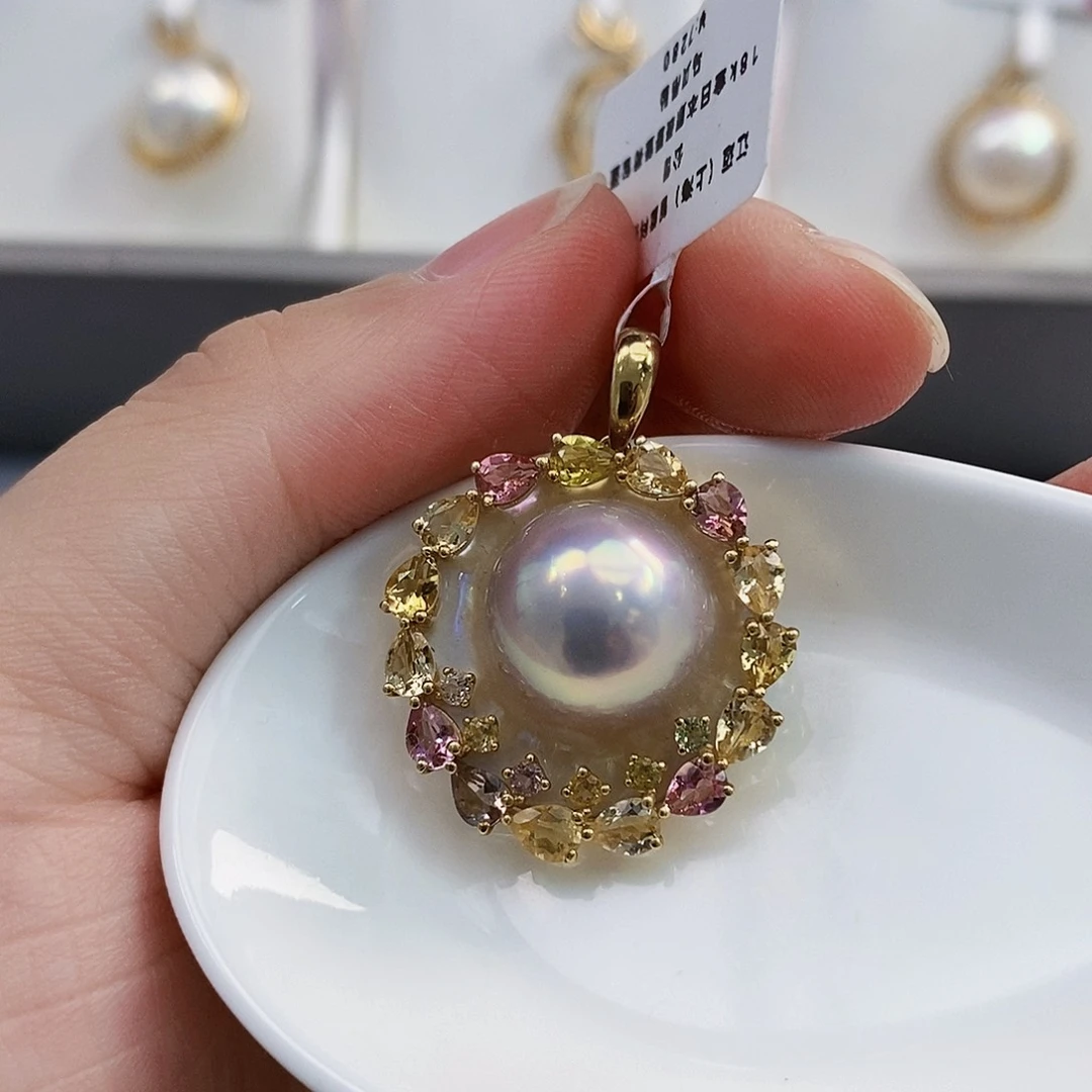 18K金镶嵌日本原单粉泡泡荷包蛋碧 玺吊坠拼合珍珠（马贝珠）