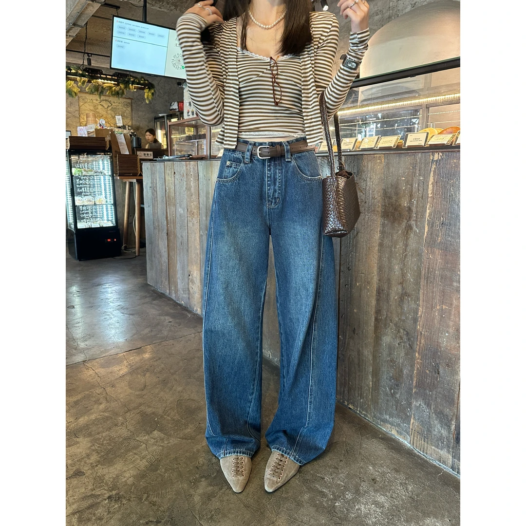 欧货韩版高腰显瘦直筒牛仔裤女秋季新款宽松阔腿长裤子潮裤子宽松