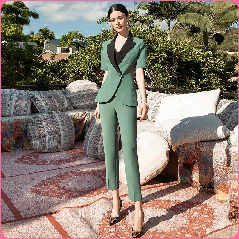 RUAN YIN修身显瘦气质西装外套女士夏季绿色通勤小西服套装时尚休
