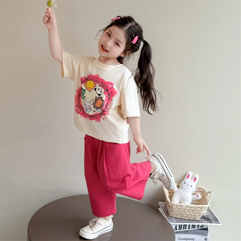 女童夏款套装2025新款洋气儿童休闲短袖T恤阔腿裤两件套女宝夏装