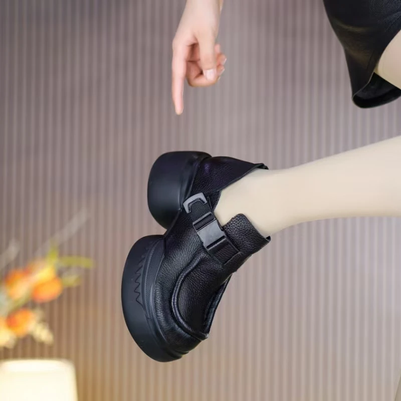 2359-1真皮厚底单鞋春季新款纯牛皮松糕一体跟增高深口小皮鞋