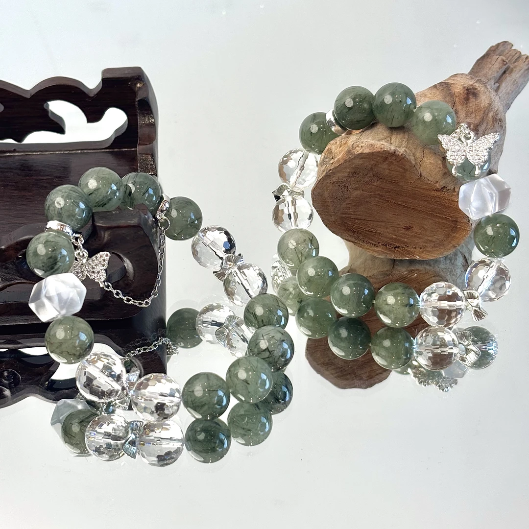 【战士】绿发晶白水晶11-12mm手串面小仙多样性发其一