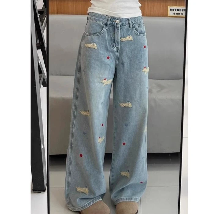 叁卡通腊肠狗立体刺绣阔腿牛仔裤女2025春秋季新款高腰直筒拖地裤