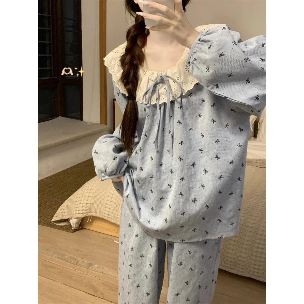 枳记家睡衣女春秋套装圆领韩版甜美蕾丝长袖长裤宽松可外穿家居服