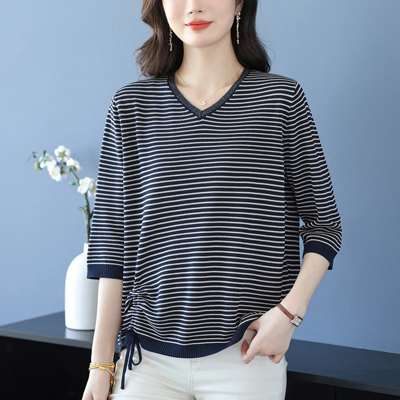 抽绳短袖t恤女2025新款条纹冰丝针织衫洋气减龄大码遮肚子上衣V领
