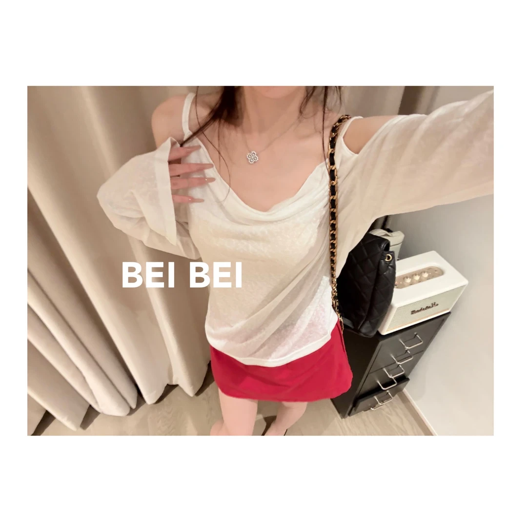 Beibei【露肩淡人T】轻薄冰冰衫气质防晒长袖吊带小衫休闲上衣女夏
