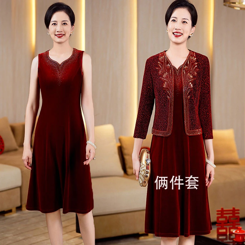 高端喜婆婆婚宴装2025新款秋装中老年妈妈婚礼服遮肚两件套连衣裙