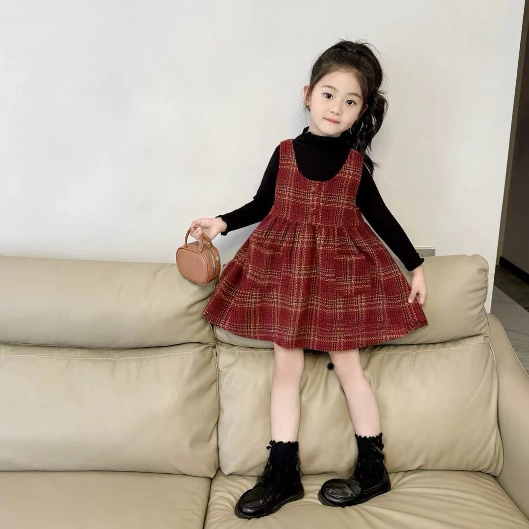 女童冬季新款加绒连衣裙套装洋气女宝宝格子背心裙打底衫两件套