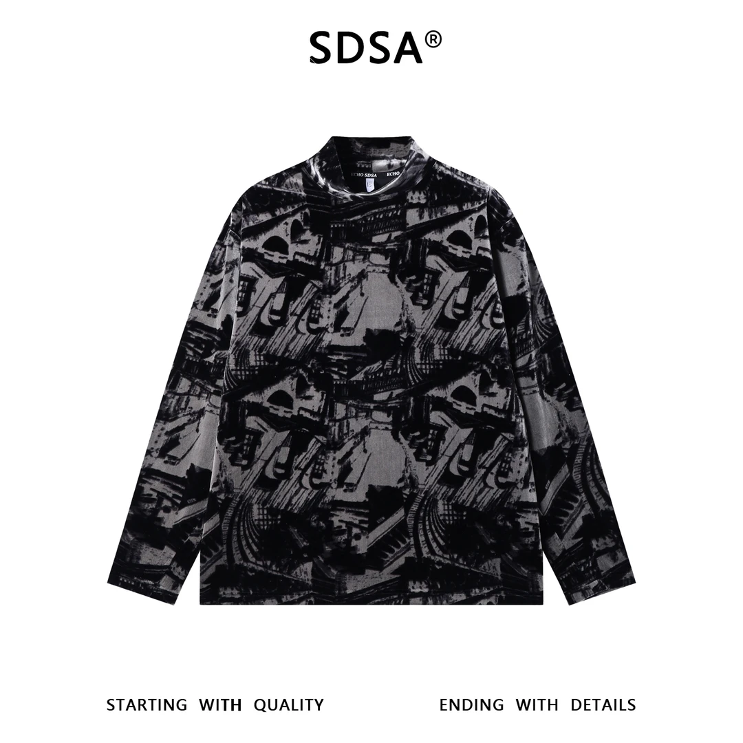 SDSA男士秋冬新款痞帅男装潮牌绒面撞色半高领长袖T恤百搭时尚