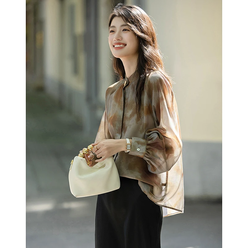 【重百粉丝专享】德·玛纳复古繁花秋季氛围感印花衬衫立领装饰衬衣