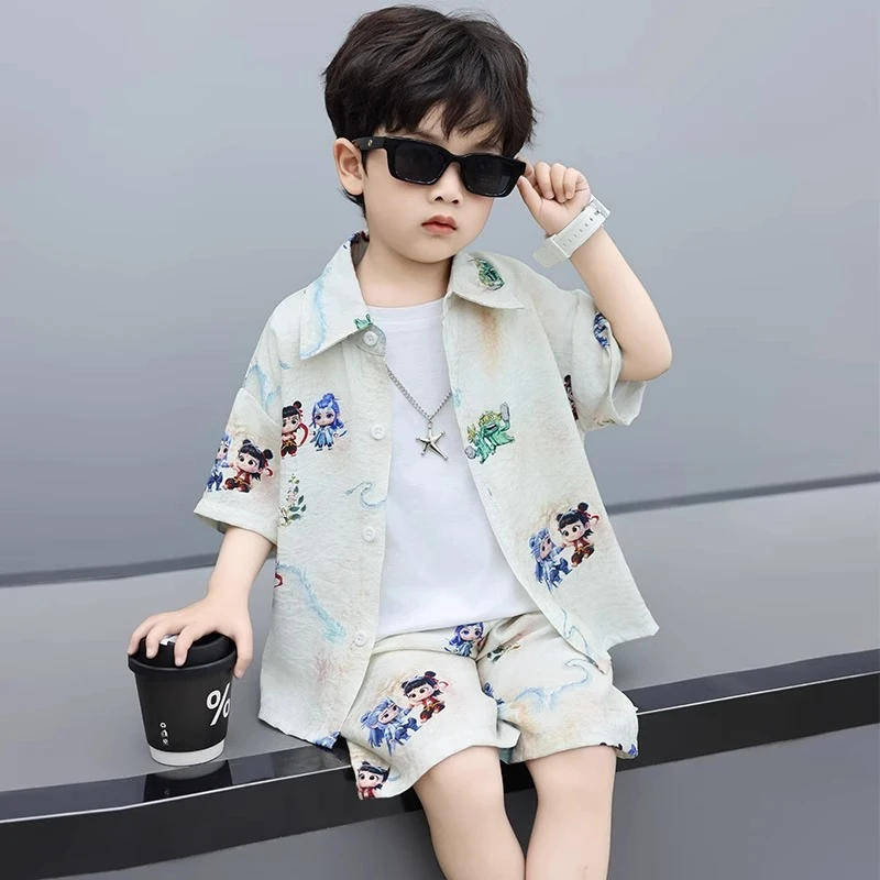 男童夏装短袖套装2025新款时髦儿童哪吒衬衫两件套小男孩夏季衣服