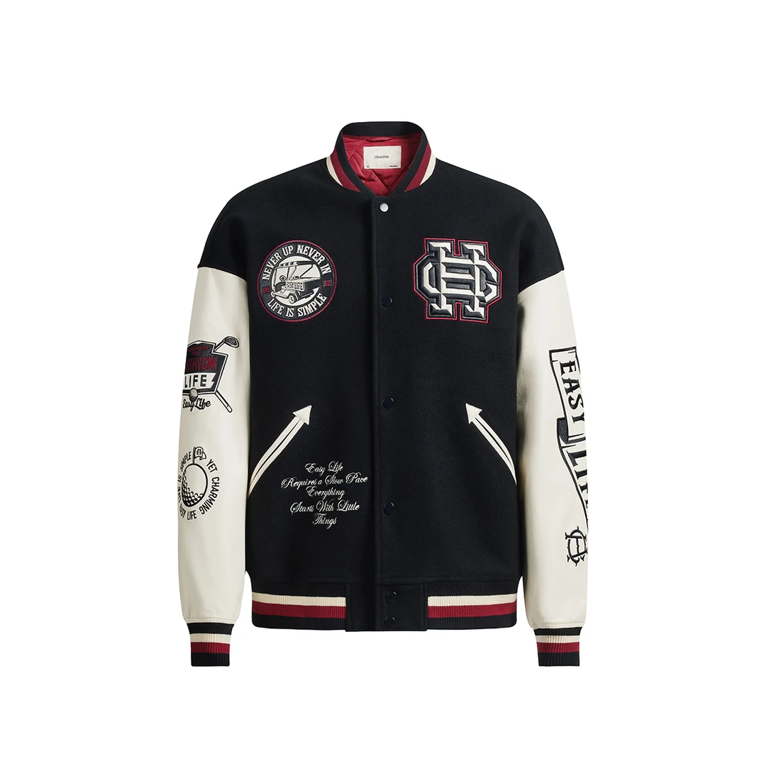 CHINISM赤尘 撞色绣花毛呢重磅棒球夹克美式冬季复古夹棉外套