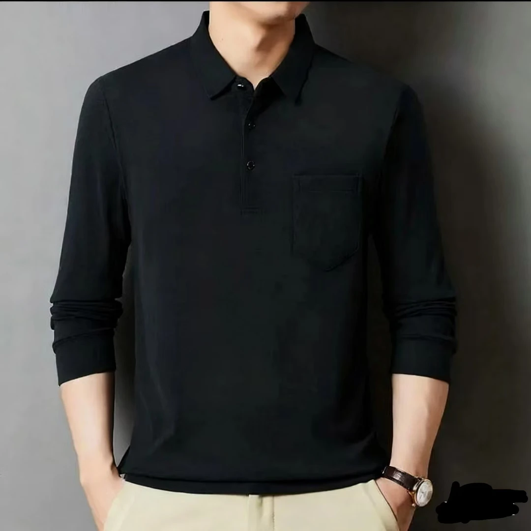 6623男式冬季加绒加厚有口袋Polo经典纯色翻领长袖POLO衫