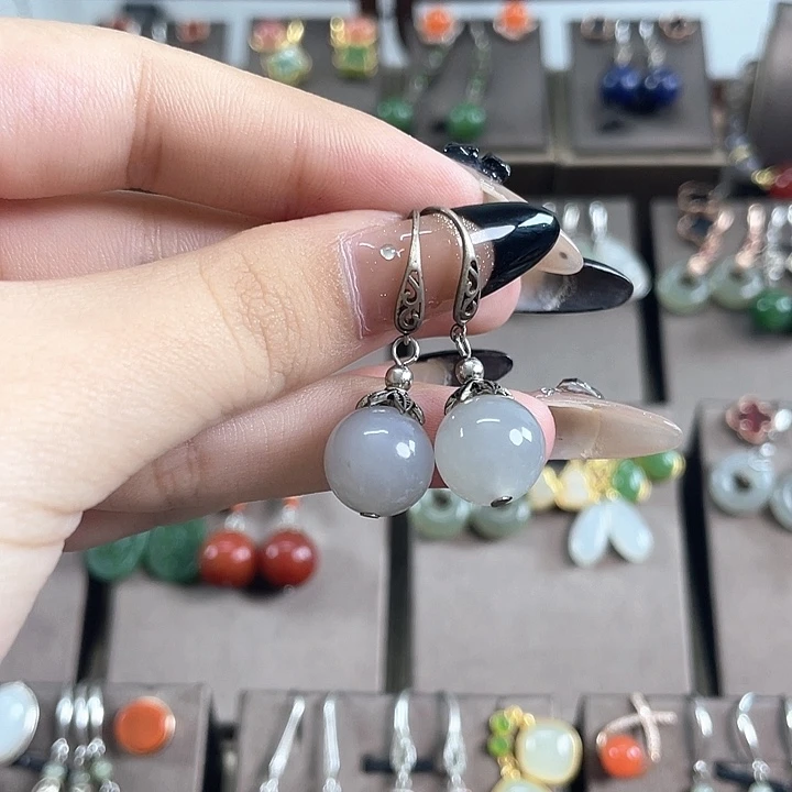 和田玉银S925镶嵌耳饰12左右烟紫