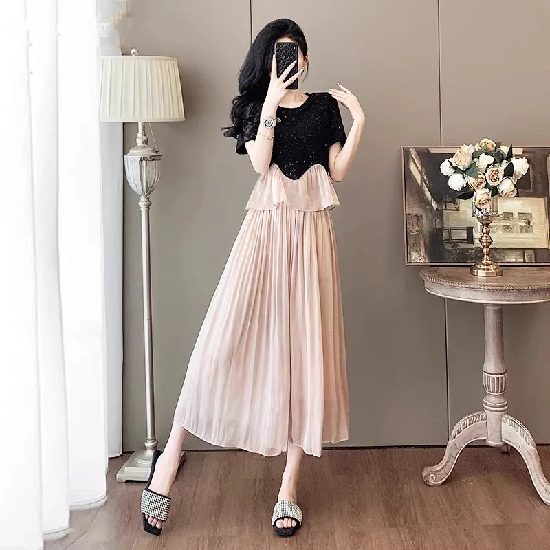 时尚穿搭一整套法式香风休闲小衫夏季短袖上衣T恤女高腰阔腿裙裤