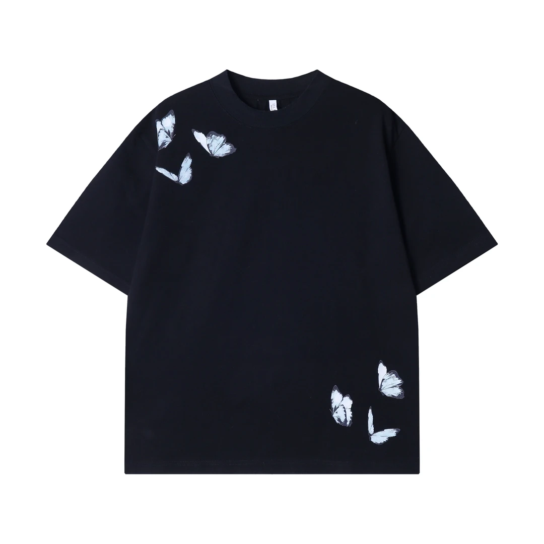 春夏新款时尚个性美式蝴蝶印花圆领短袖T恤休闲百搭潮流情侣上衣