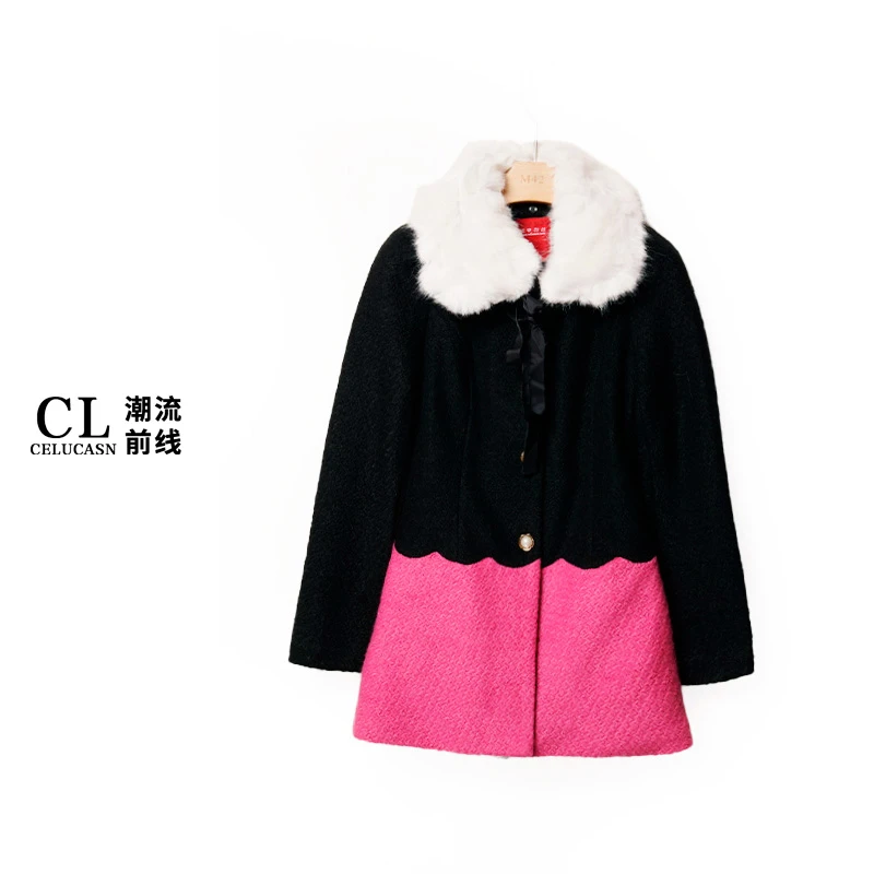 L4VON0736#秋冬款中长褛呢棉衣常规撞色外套上衣女
