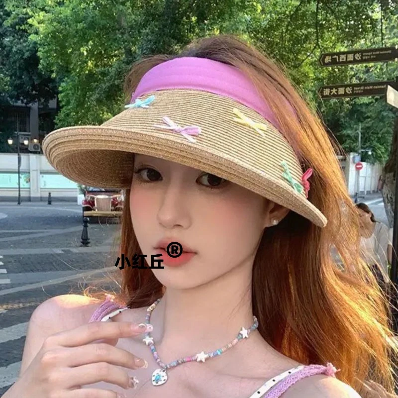 日系甜美彩色蝴蝶结空顶帽女夏季大帽檐海边度假沙滩草编防晒草帽