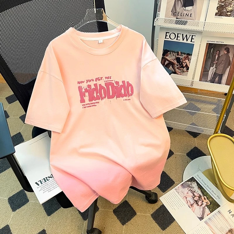 胖妹妹大码美式设计感渐变色短袖T恤女夏季宽松显瘦百搭半袖上衣