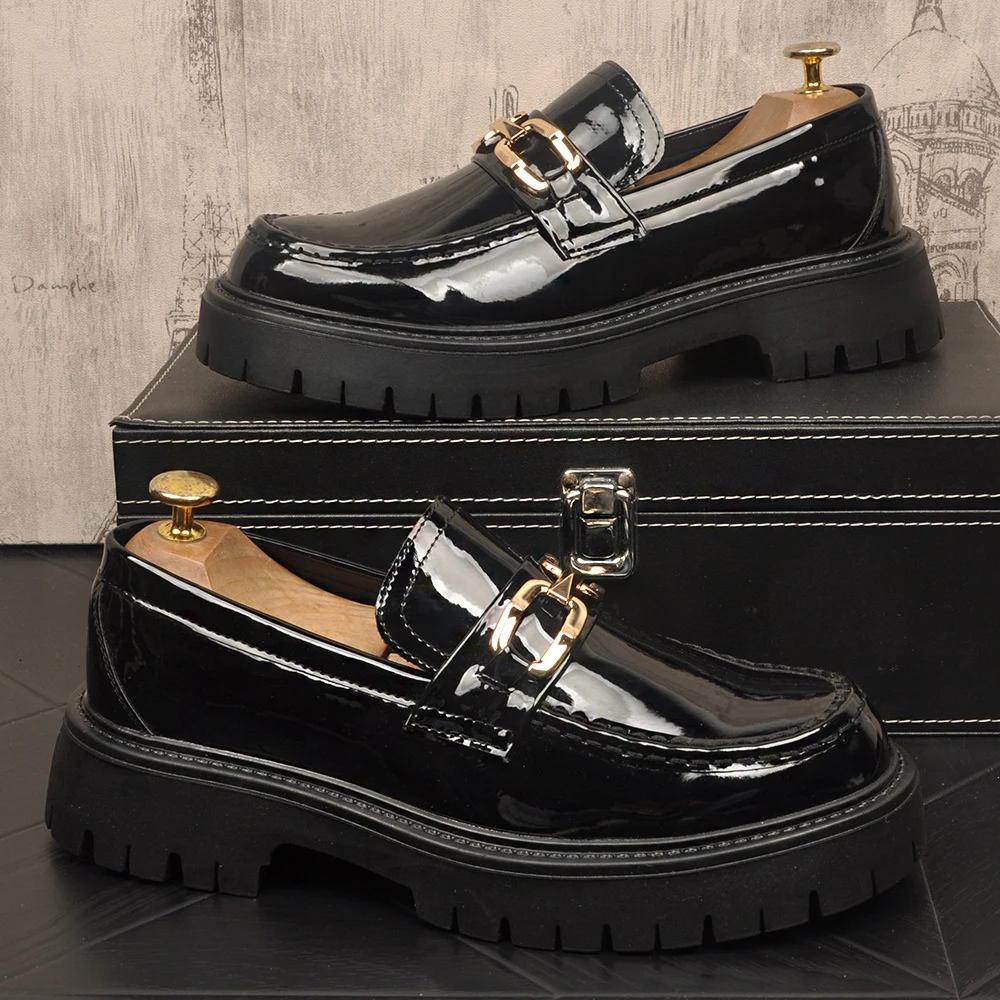 增高男士一脚蹬商务乐福鞋豆豆鞋春季时尚英伦风黑色漆皮正装皮鞋