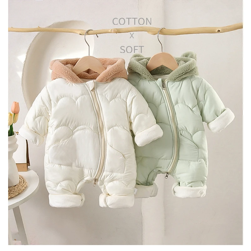 婴儿新款绒帽绗波浪厚棉哈衣外出服儿童幼儿宝宝新生儿连帽加厚冬