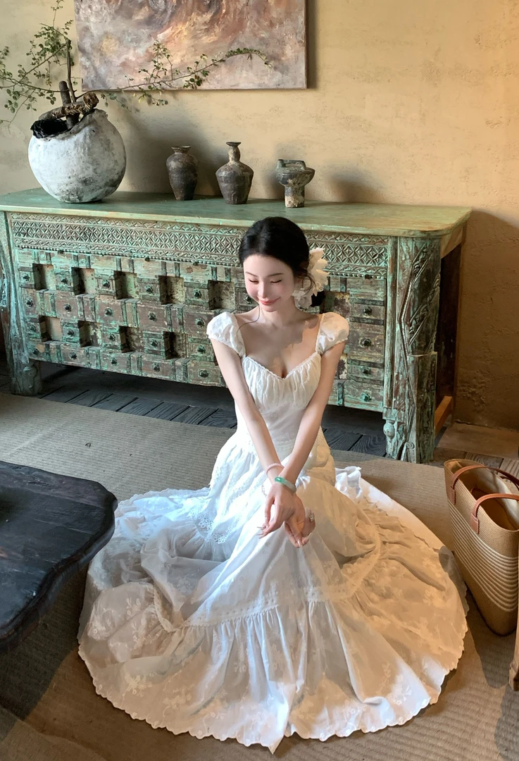 【雅乔定制】氧气白茶 白色全棉刺绣花纹泡泡袖连衣裙DYLL-25036762