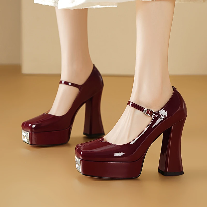 防水台厚底高跟鞋女真皮气质方头百搭春秋新款粗跟玛丽珍浅口单鞋