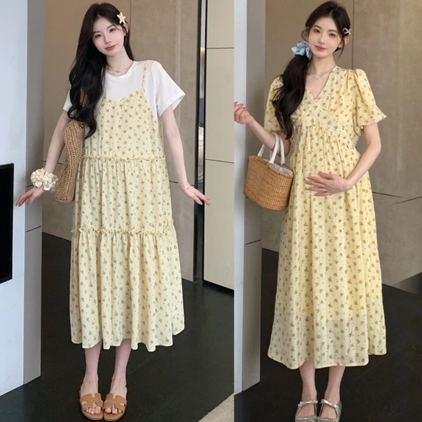 【假两件】夏季新款孕妇连衣裙韩版雪纺假两件T恤裙