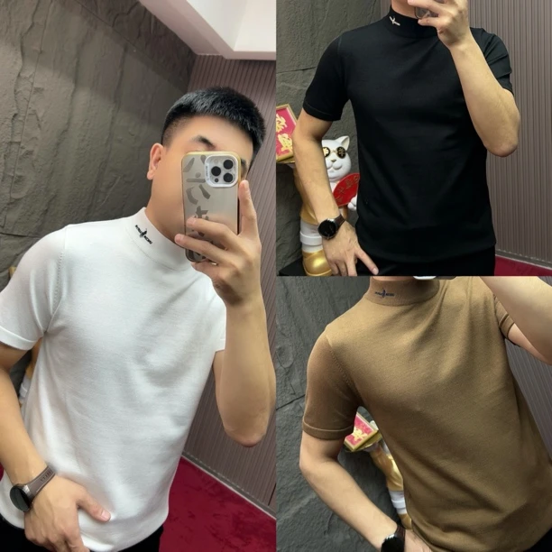 588#时尚秋冬休闲短袖针织男士亲肤拼接T恤纯色百搭冬季