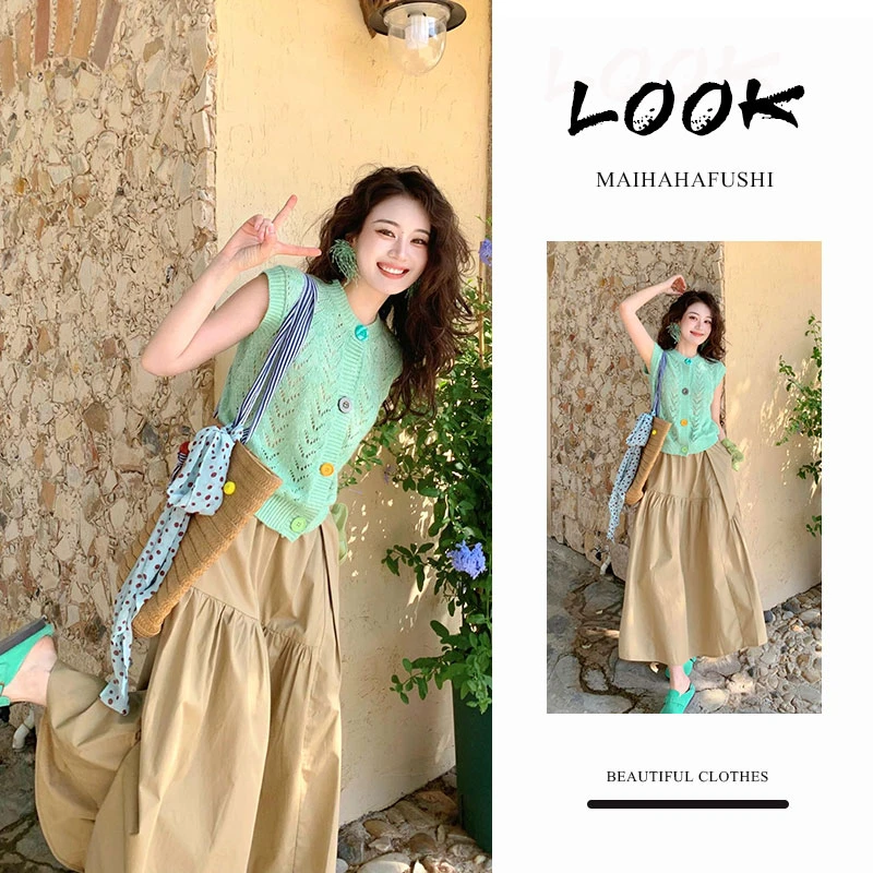 夏季一整套女装2025新款韩版洋气时尚针织马甲上衣半身裙两件套装