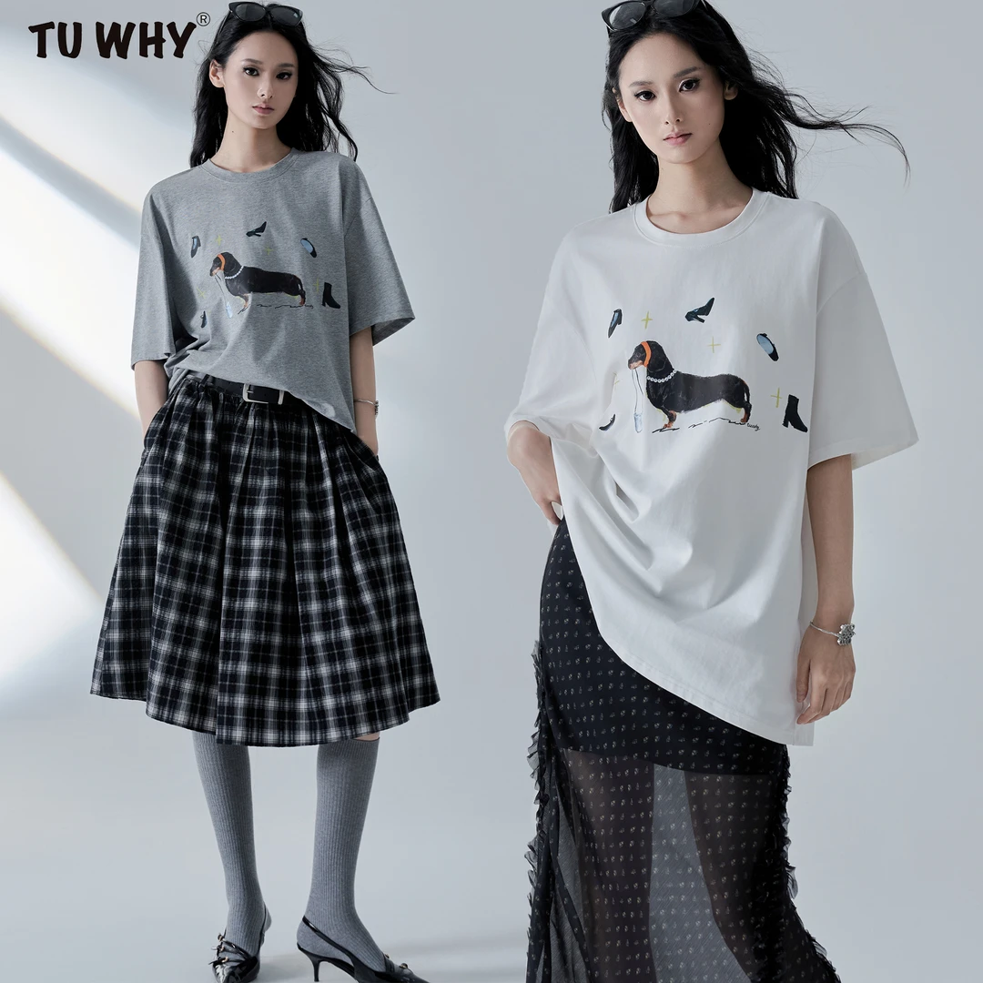 TUWHY【夏季新品】“趣味小狗”腊肠狗印花宽松阔型短袖T恤女夏