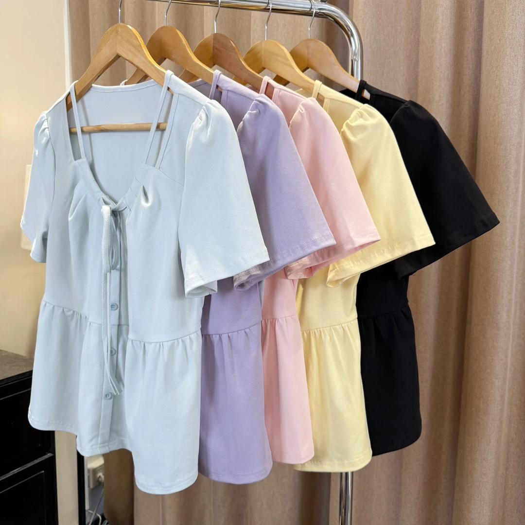 【贝蒂】大码女装胖mm新款设计感褶皱拼接系带上衣宽松显瘦纯色T恤