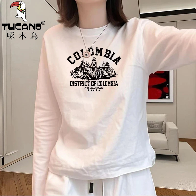 啄木鸟纯棉高级感别致休闲打底衫新款秋宽松圆领长袖T恤女装上衣