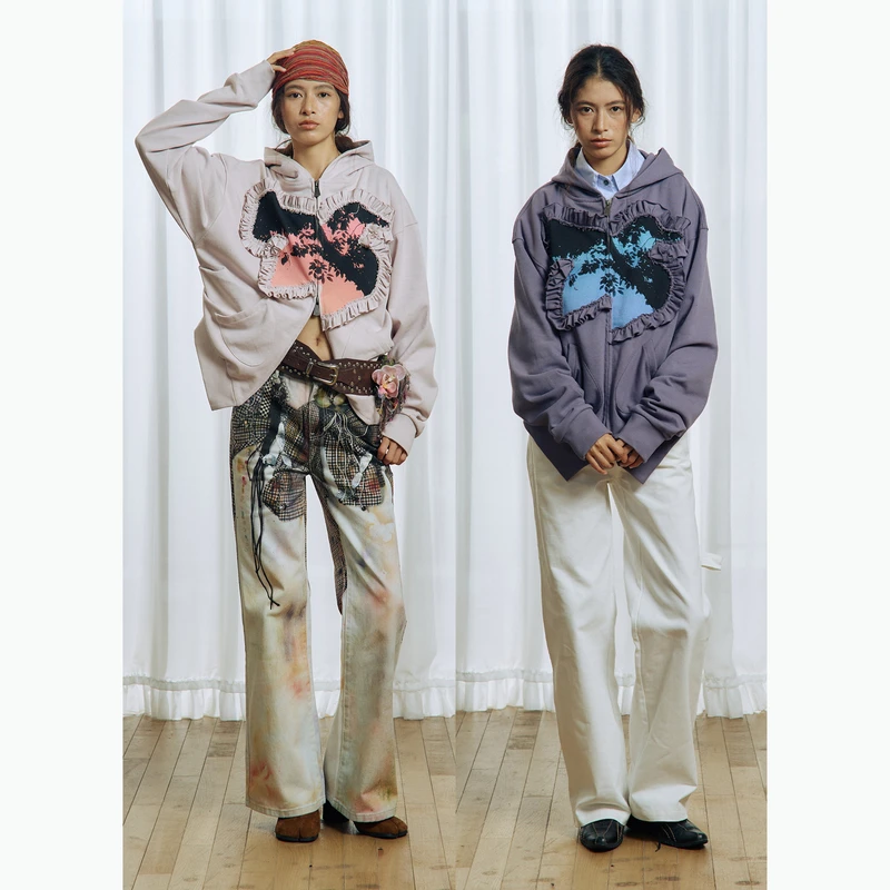 ApriorityClothing/先验夕阳无限好燕尾下摆木耳边车缝印花卫衣