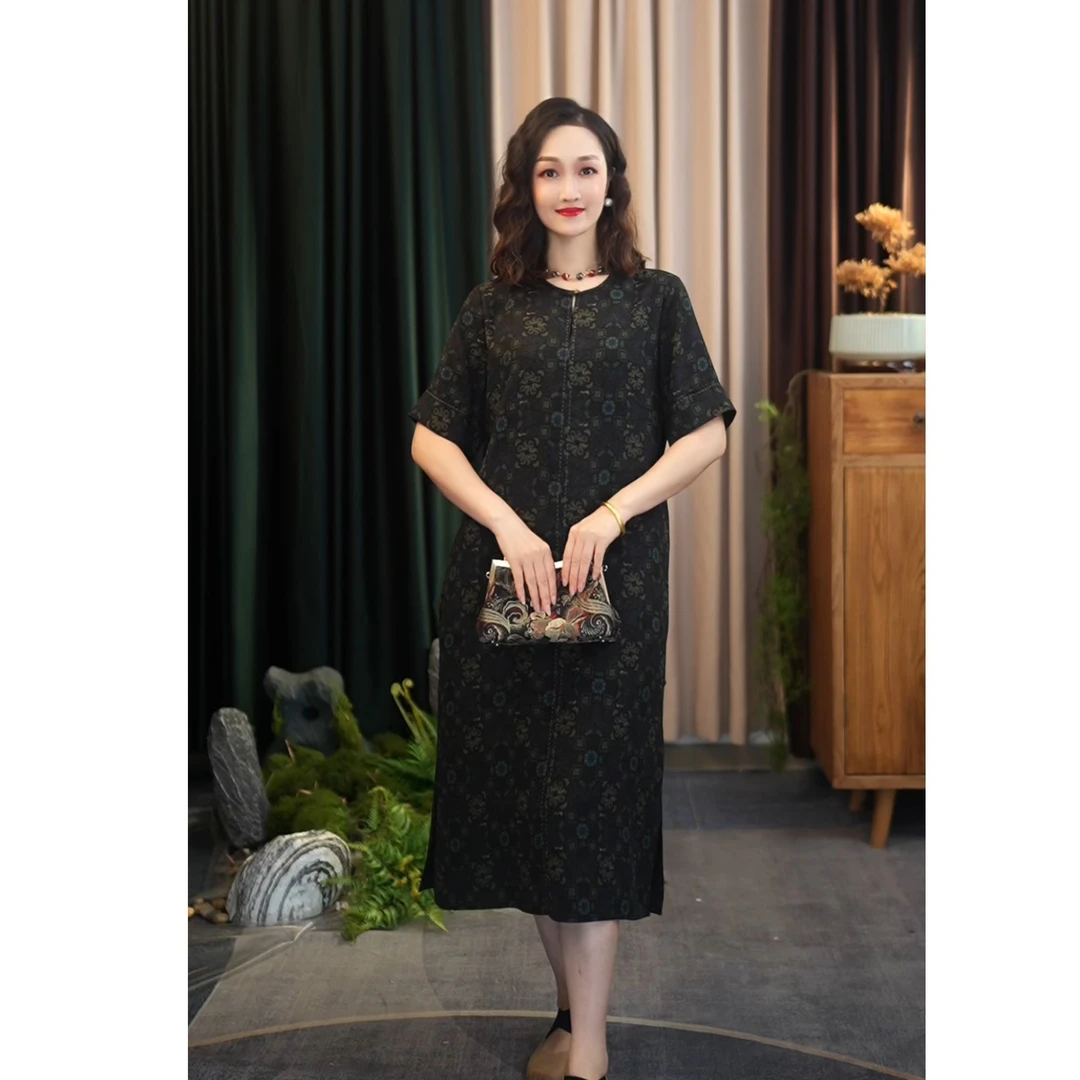 【辰辰高定】宝相花桑蚕丝香云纱国风贵气款连衣裙 J20B50505